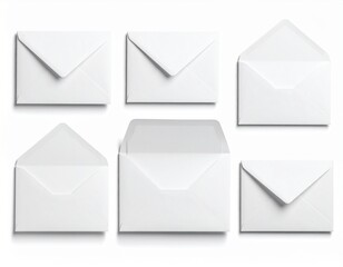 Six White Paper Envelopes Some Closed Some Open Isolated on White Background
