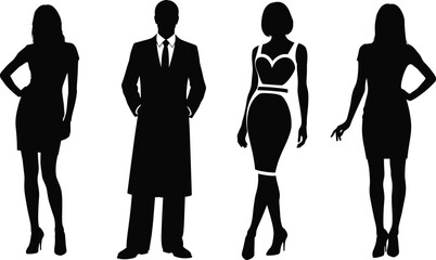 Fashion silhouette vector collection, stylish people poses, black graphic design, modern outfit illustration, confident posture, elegant stance, character modeling artwork