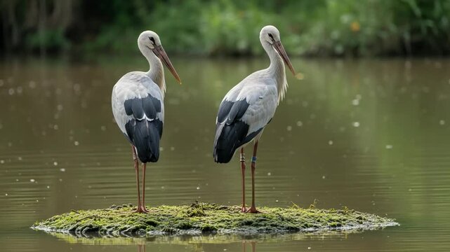 Two storks standing on a small island in the water