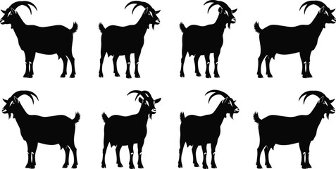 Goat silhouette vector collection, farm animal profile, black graphic design, livestock icon set, horned goat pose, rural illustration, side view artwork