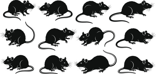 Rat silhouette vector collection, black rodent illustration, side profile poses, tail variations, animal icon set, pest clipart, wildlife graphic artwork
