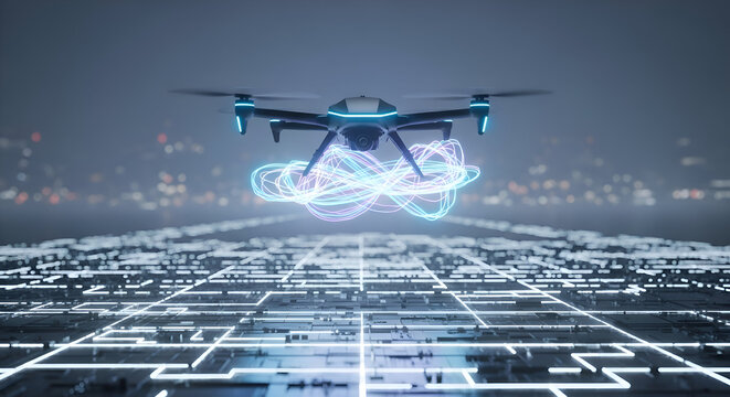 Futuristic drone delivering cutting-edge data in a glowing digital landscape, showcasing innovation and the future of technology with an exciting modern feel - Powered by Adobe