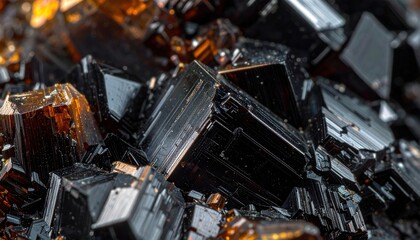Close-up Macro Shot of Black Cubic Crystals with Amber Hues