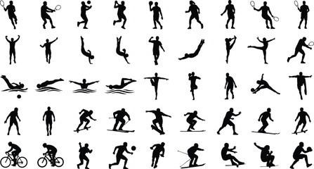 Sport silhouette vector collection, athletic movement poses, black graphic illustration, fitness activity design, dynamic athlete clipart, physical exercise artwork, training icon set