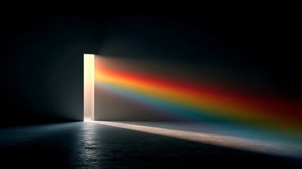 Prism in a dark room with a single beam of white light entering it and exploding into a full vibrant spectrum on the opposite wall symbolizing potential and diversification