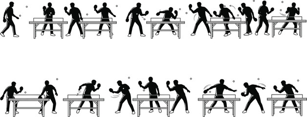 Table tennis silhouette vector, players in motion, ping pong action sequence, black and white sports illustration, dynamic athlete poses, competitive game art