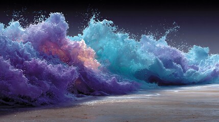 Powerful wave of liquid vibrant color frozen in time just as it is about to crash and reshape a dull monochrome landscape Symbol of market disruption