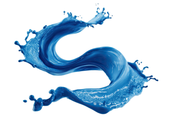 Splashing blue paint forms an S-shaped swirl against black