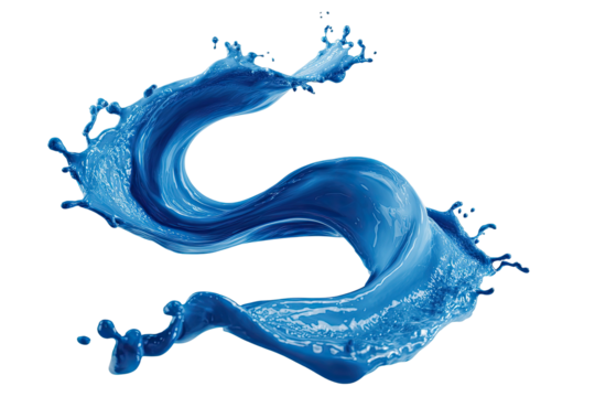 Splashing blue paint forms an S-shaped swirl against black
