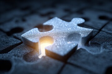 Puzzle with a missing piece with the correct glowing piece flying in and fitting perfectly representing the moment a customer's problem is solved