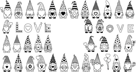 Valentine gnomes illustration, cute cartoon characters, love theme, holding hearts, gifts, balloons, letters, festive design, romantic holiday vector art