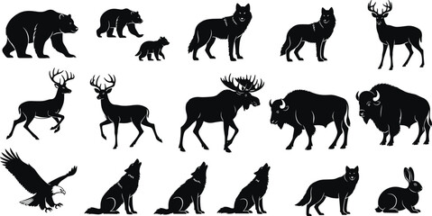 Naklejka premium Wild animal silhouette vector, bear, deer, moose, wolf, eagle, bison, fox, rabbit illustration, black graphic design, nature wildlife artwork