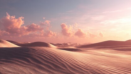 Serene desert landscape at sunset, soft pink hues illuminating gently rolling sand dunes under a pastel sky