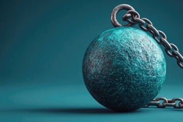 Teal textured wrecking ball attached to a rusty metal chain against a teal backdrop