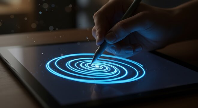 Digital Artwork Creation Drawing a Spiral on a Tablet with a Stylus – Graphic Design Concept
