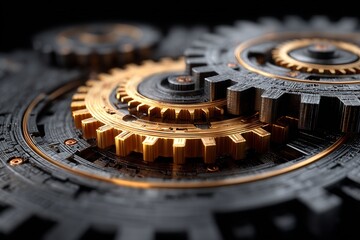 Set of complex dark misaligned gears grinding against each other with a single golden gear being inserted that brings the entire mechanism into smooth harmonious motion