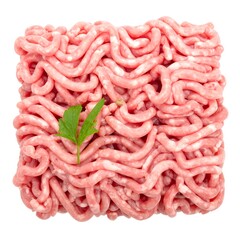 Fresh ground meat with a single parsley leaf, isolated on white