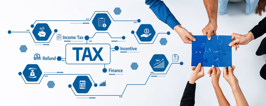 A collaborative scene showcasing hands engaging in a tax strategy discussion with visual elements representing incentives, refunds, and key financial concepts in an informative workshop setting. Amity