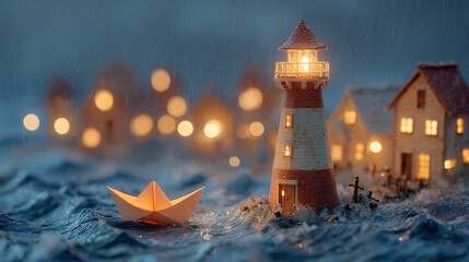 Safe warm harbor with a glowing lighthouse providing a safe haven for a small paper boat that has navigated a stormy sea Metaphor for reliable support