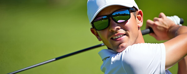 Young man golfer smiles, enjoying game. Swings golf club on green course on bright sunny day. Reflection of fairway, distant trees visible in sport mirrored sunglasses. Player wears cap, white