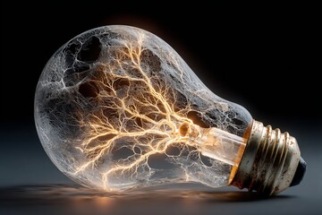 Shattering classic lightbulb from which an intricate glowing tree of fractal light patterns bursts forth symbolizing disruptive innovation and the birth of new ideas High contrast