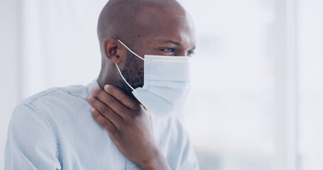 Face mask, sore throat and black man with illness, sick and inflammation with disease. Cough, bacteria infection and African person with bronchitis, medical issue and asthma allergy with Covid virus