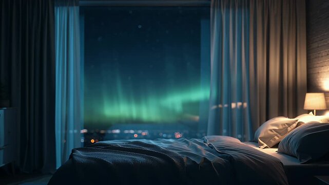 Cozy Twin-Bedroom Night Scene Bathed in Blue Light Under Aurora Borealis Through Curtains