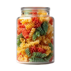 Glass jar filled with colorful tri color rotini pasta spirals isolated on transparent background