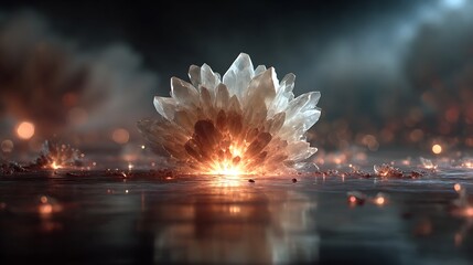 Small glowing seed crystal dropped into a solution causing massive beautiful and complex crystal structures to grow rapidly around it symbolizing scalable systems