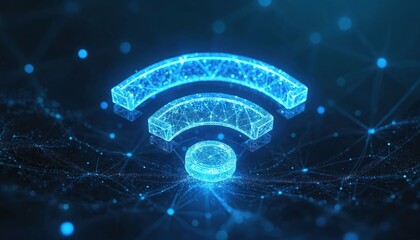 Digital Wi-Fi signal icon glows in dark cyberspace. Abstract network grid pulses with blue light connecting data points. Futuristic tech concept for wireless connection speed and information transfer.