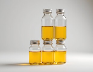 Stacked Glass Containers with Golden Liquid White Background