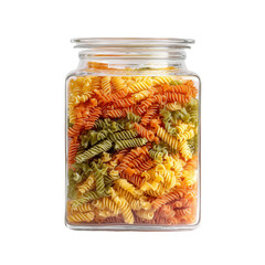 Glass jar filled with colorful tri color rotini pasta isolated on transparent background