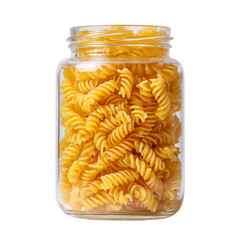 Glass jar filled with golden fusilli pasta spirals isolated on transparent background