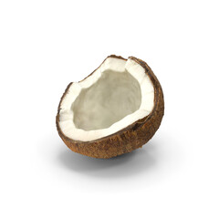 Open half coconut with brown hairy outer shell and white center