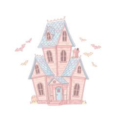 Pastel haunted house illustration with bats for halloween themed designs and decor on transparent background