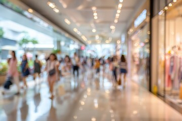 Defocused interior shopping mall. Motion blur customers walking in shopping mall. Blurred view of a modern shopping center. Boxing Day sale. Empty copy space, panorama. Indoor blurred bokeh background