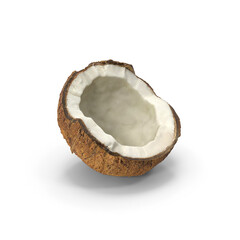 Open half coconut with brown hairy outer shell and white center