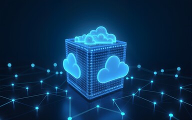 Cube with glowing light representing cloud computing and big data transfer on internet technology concept. High quality