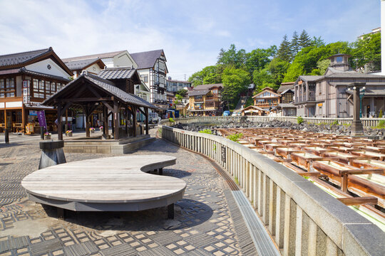 Yubatake onsen, hot spring wooden boxes with mineral water in Kusatsu onsen, Gunma prefecture, Japan.