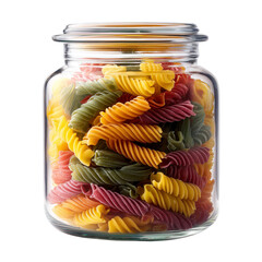 Colorful fusilli pasta spirals packed tightly inside a clear glass jar with a lid isolated on transparent background