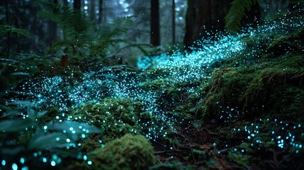 Swarm of small bio luminescent robotic fireflies working together to illuminate a dark forest symbolizing the power of decentralized smart technology