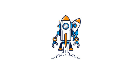 Cartoon robot rocket launching into space. Vector illustration of a futuristic android character taking off. Modern technology and startup concept