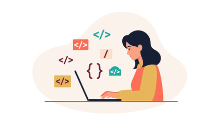 Obraz premium A woman works on her laptop surrounded by coding symbols representing software development and programming in a modern digital workspace.