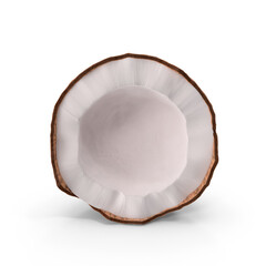 Open half coconut with brown hairy outer shell and white center