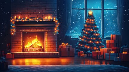 Room decorated with Christmas theme, Christmas tree with gifts.