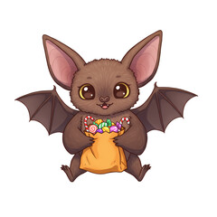 Adorable cartoon bat with big eyes holds a bag full of halloween candy treats on transparent background