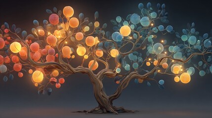 Tree of decisions where each branch is a glowing pathway leading to different potential outcomes represented as luminous fruit Symbol of strategic choice