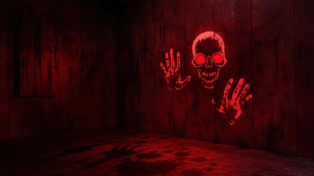 Red glowing skull with handprints on dark wall