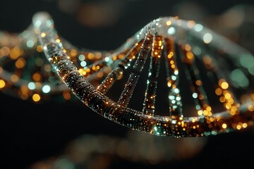 Abstract glowing strands of DNA but instead of organic material they made of binary code and circuit patterns representing the fusion of biology and technology