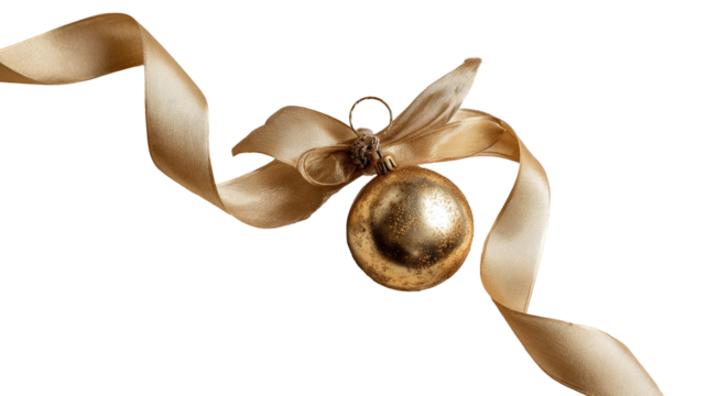 Gold ornament with satin ribbon, softly illuminated on black